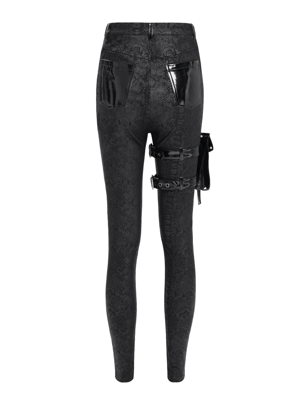 Back view of punk skinny pants with snakeskin pattern, faux leather, buckles, and detachable pouch for edgy street style.