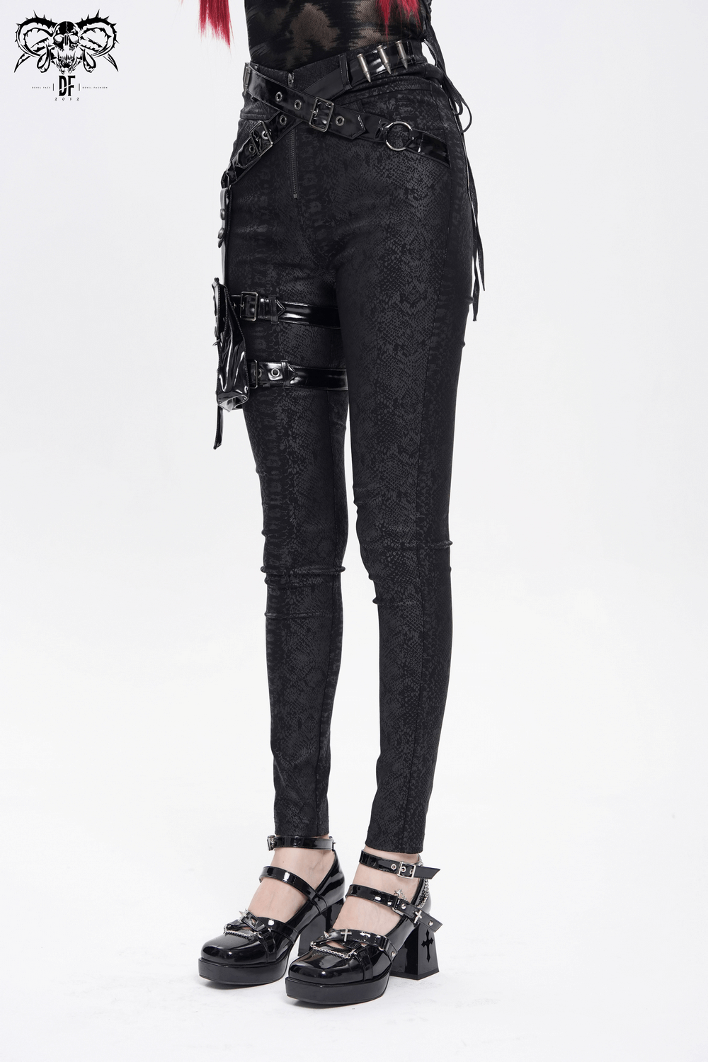 Gothic skinny pants with buckles, PU leather details, and detachable pouch in a sleek high-waisted fit.