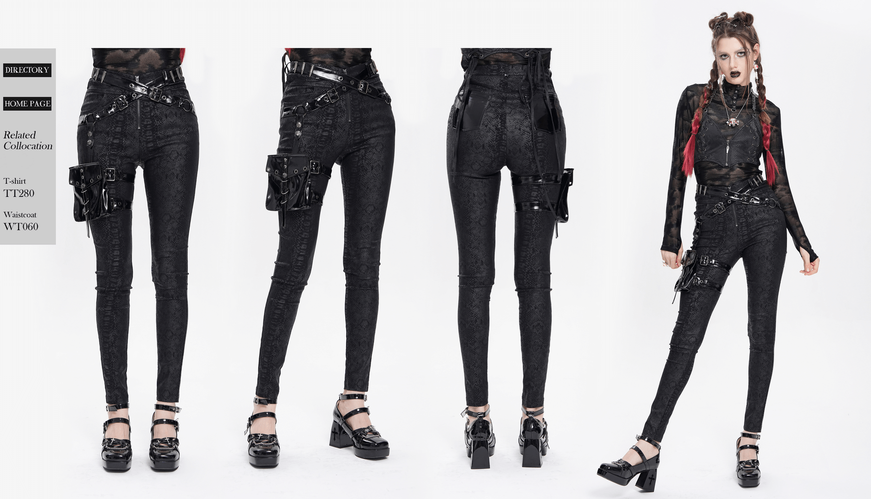 Bold skinny pants with straps, detachable pouch, and buckles in a sleek gothic style.