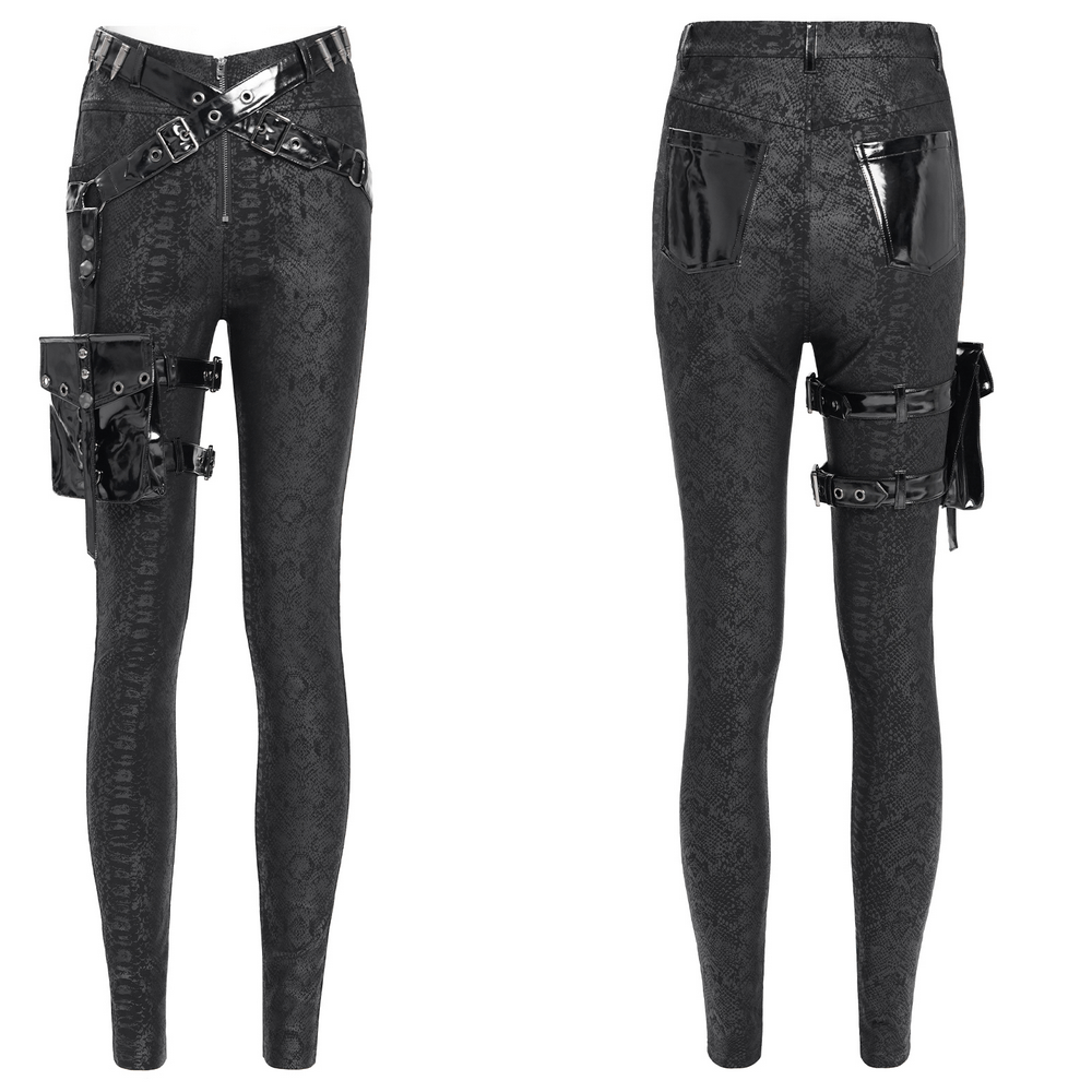 Bold skinny pants in snakeskin pattern with removable pouch and buckled straps for a punk streetwear vibe.