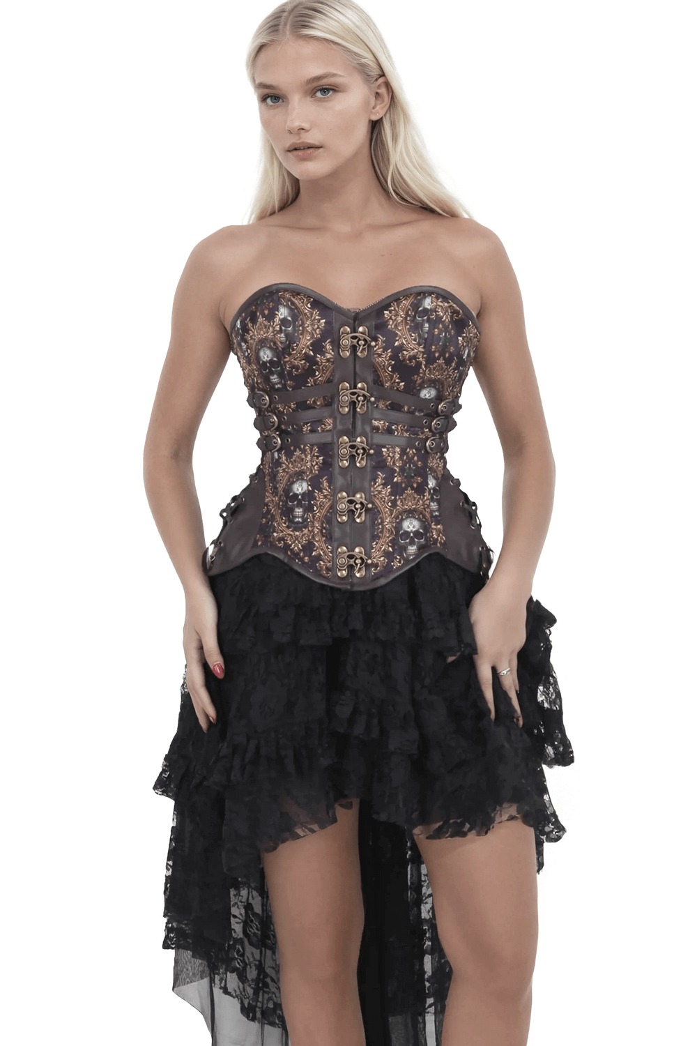 Gothic women's skull overbust corset with ornate clasps and buckle straps, styled with a lace skirt.
