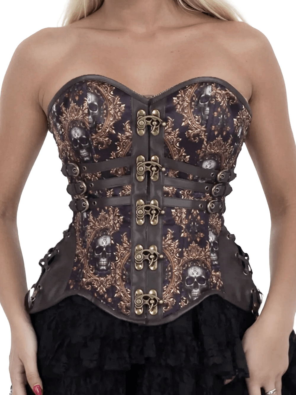 Gothic overbust corset featuring ornate skull print, clasps, buckle straps, and lace-up back for dramatic waist definition.