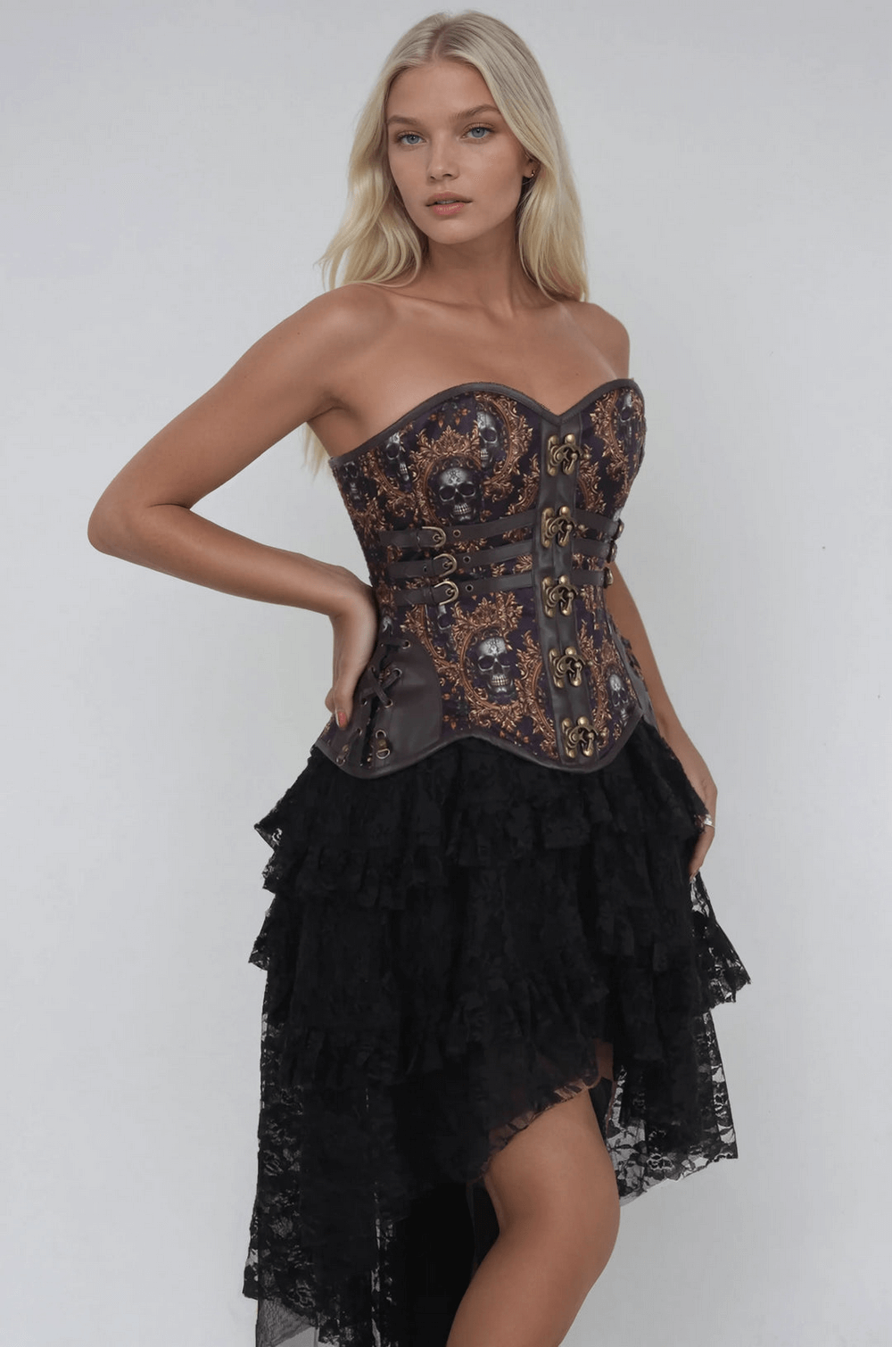 Gothic overbust corset with skull baroque print, steel boning, and lace-up back, perfect for dramatic outfits.