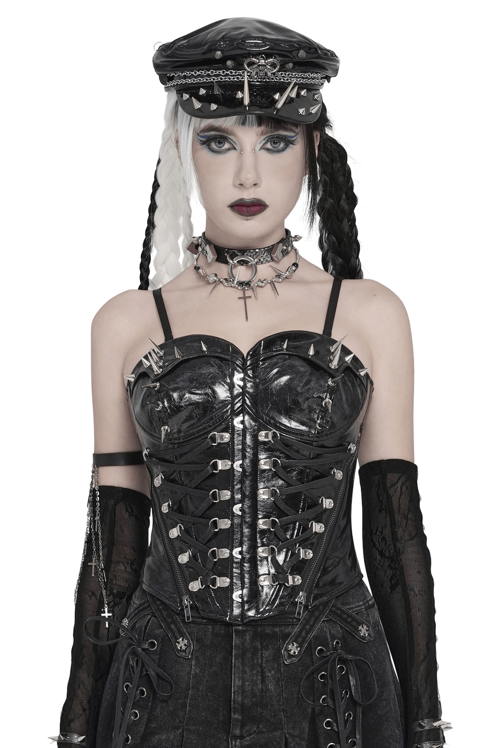 Bold Spike Corset Top with Lace Up Punk Hardware showcased with edgy accessories and gothic styling.