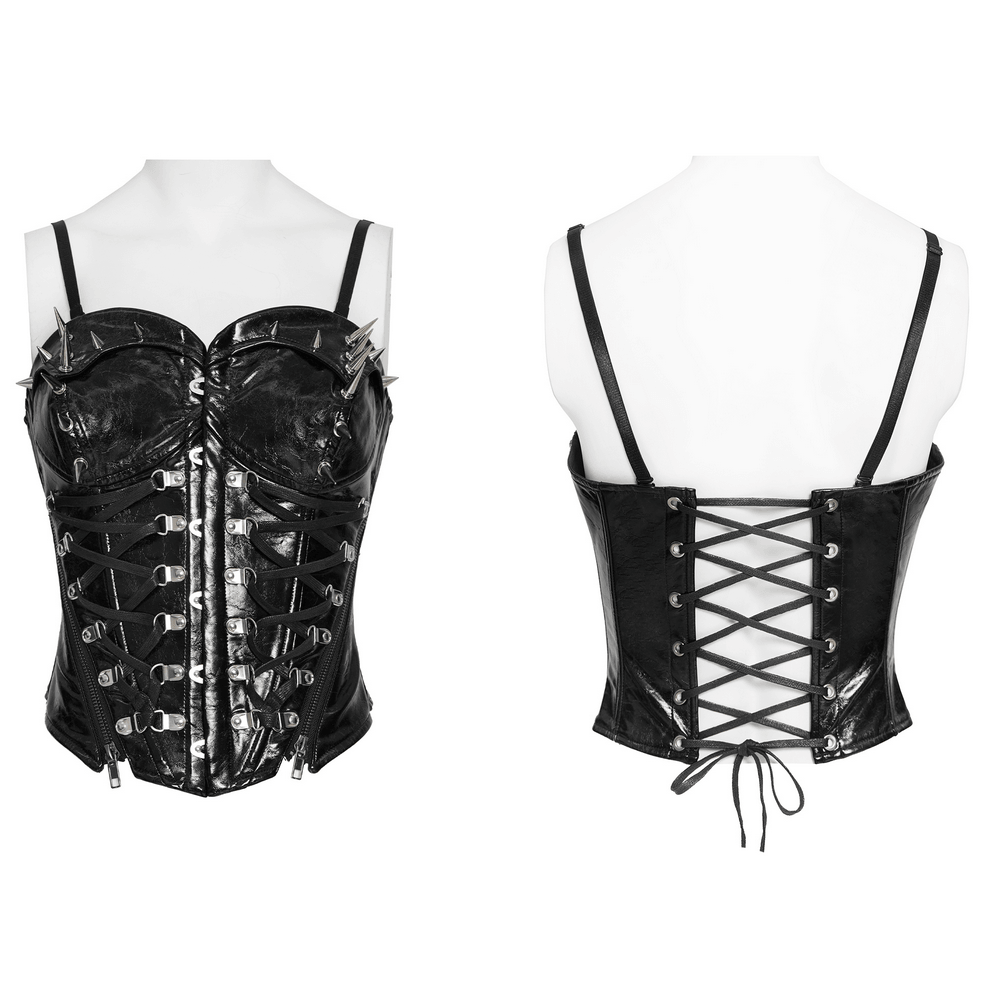 Bold Spike Corset Top with Lace Up Punk Hardware showcasing faux leather and edgy spike details.