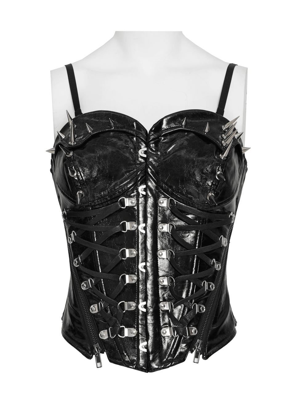 Bold Spike Corset Top with Lace Up Punk Hardware featuring spikes and crisscross lacing for a gothic look.
