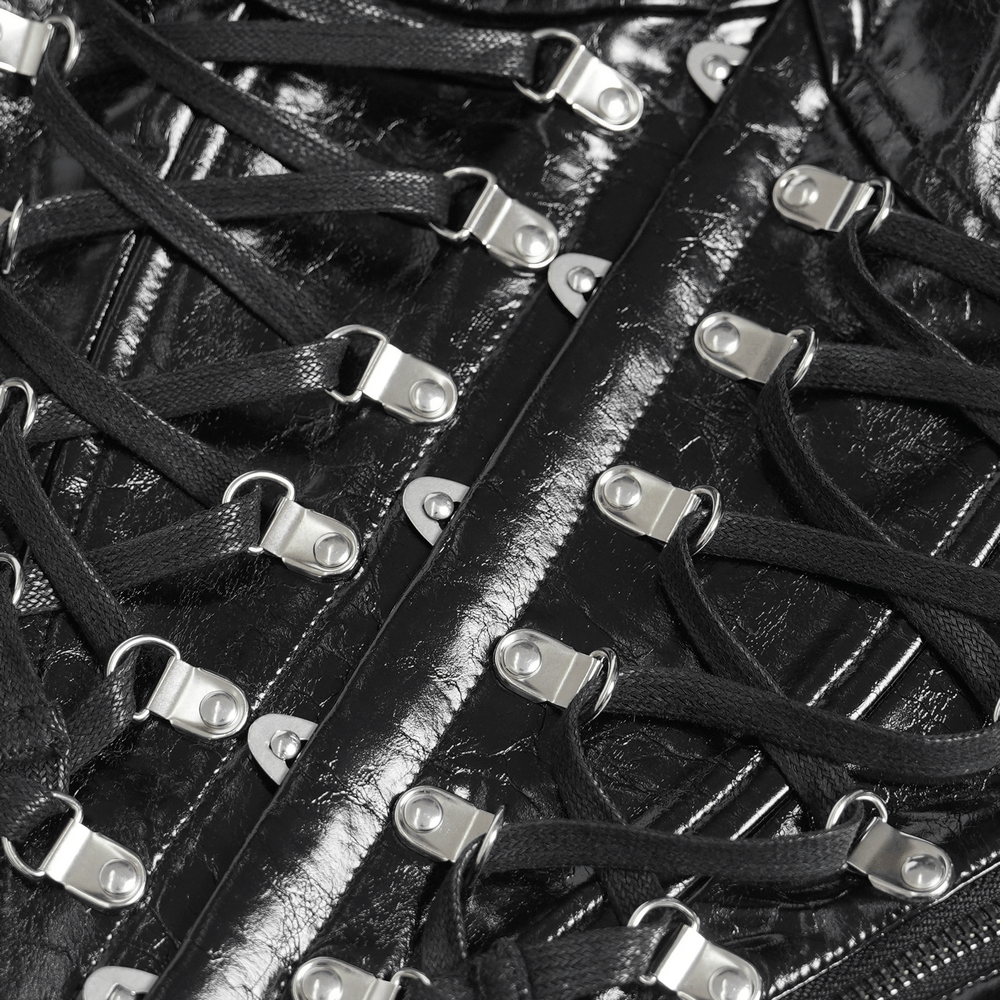 Bold Spike Corset Top with Lace Up Punk Hardware featuring black faux leather, spikes, and intricate lacing.