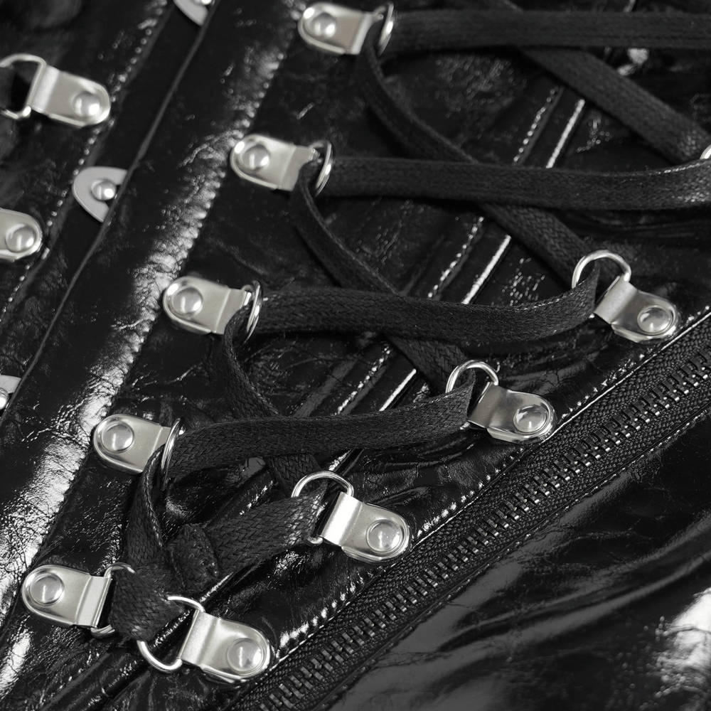 Close-up of the Bold Spike Corset Top with Lace Up Punk Hardware showcasing lace-up detailing and metal hooks.