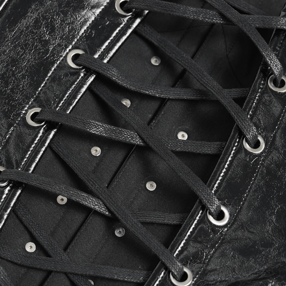 Close-up of Bold Spike Corset Top with Lace Up Punk Hardware showcasing lace-up detailing and metal hooks.