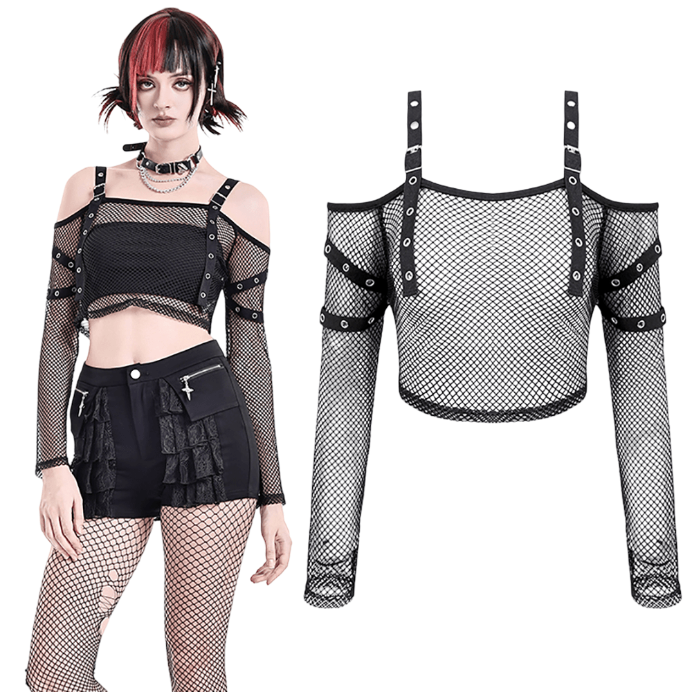 Bold Women's Fishnet Crop Top with Studded Strap Details black off-shoulder mesh long sleeve top with harness straps