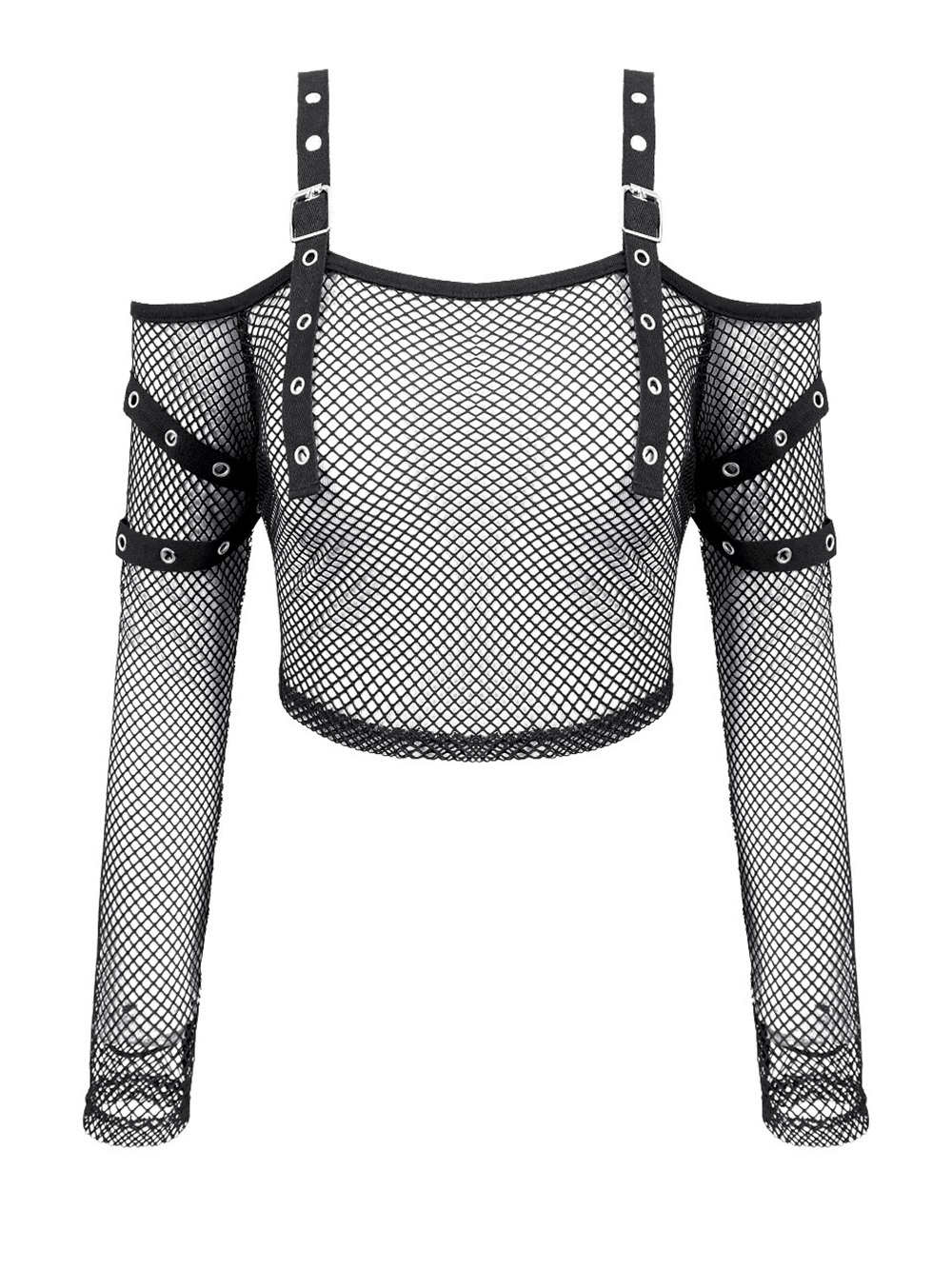 Bold Women's Fishnet Crop Top with Studded Strap Details, black punk mesh off-shoulder long sleeve top with buckled harness straps