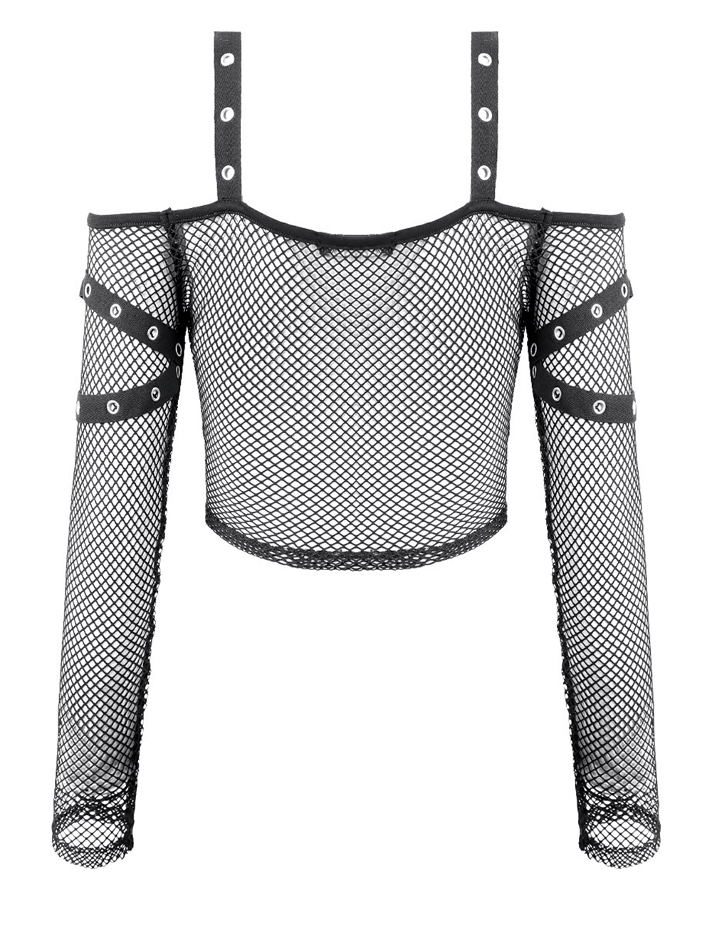 Bold Women's Fishnet Crop Top with Studded Strap Details black gothic mesh off-shoulder long sleeve punk top