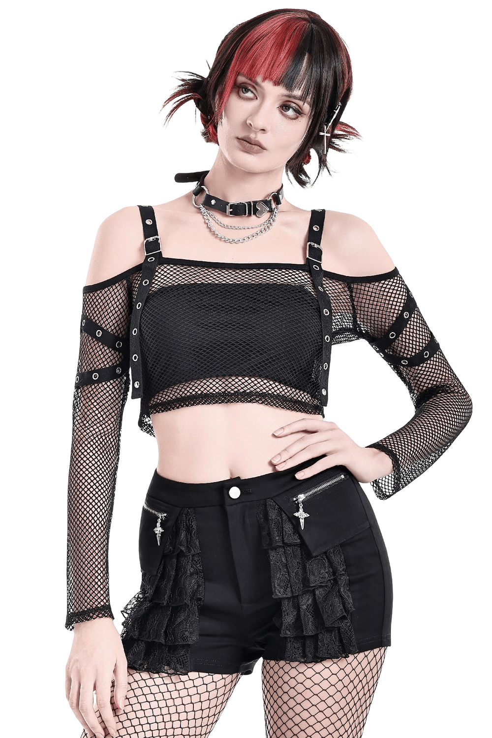 Bold Women's Fishnet Crop Top with Studded Strap Details black gothic mesh long sleeve top with buckle harness straps and off-shoulder style