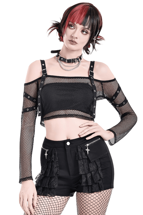Gewagtes Damen-Fischnetz-Crop-Top mit Nietenriemen-Details