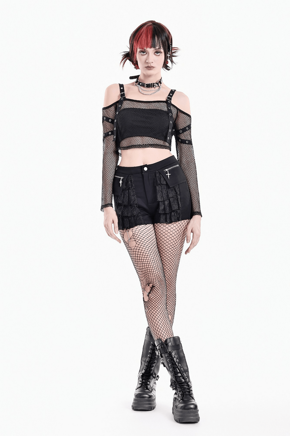 Bold Women's Fishnet Crop Top with Studded Strap Details black punk mesh off-shoulder long sleeve crop top with buckle hardware