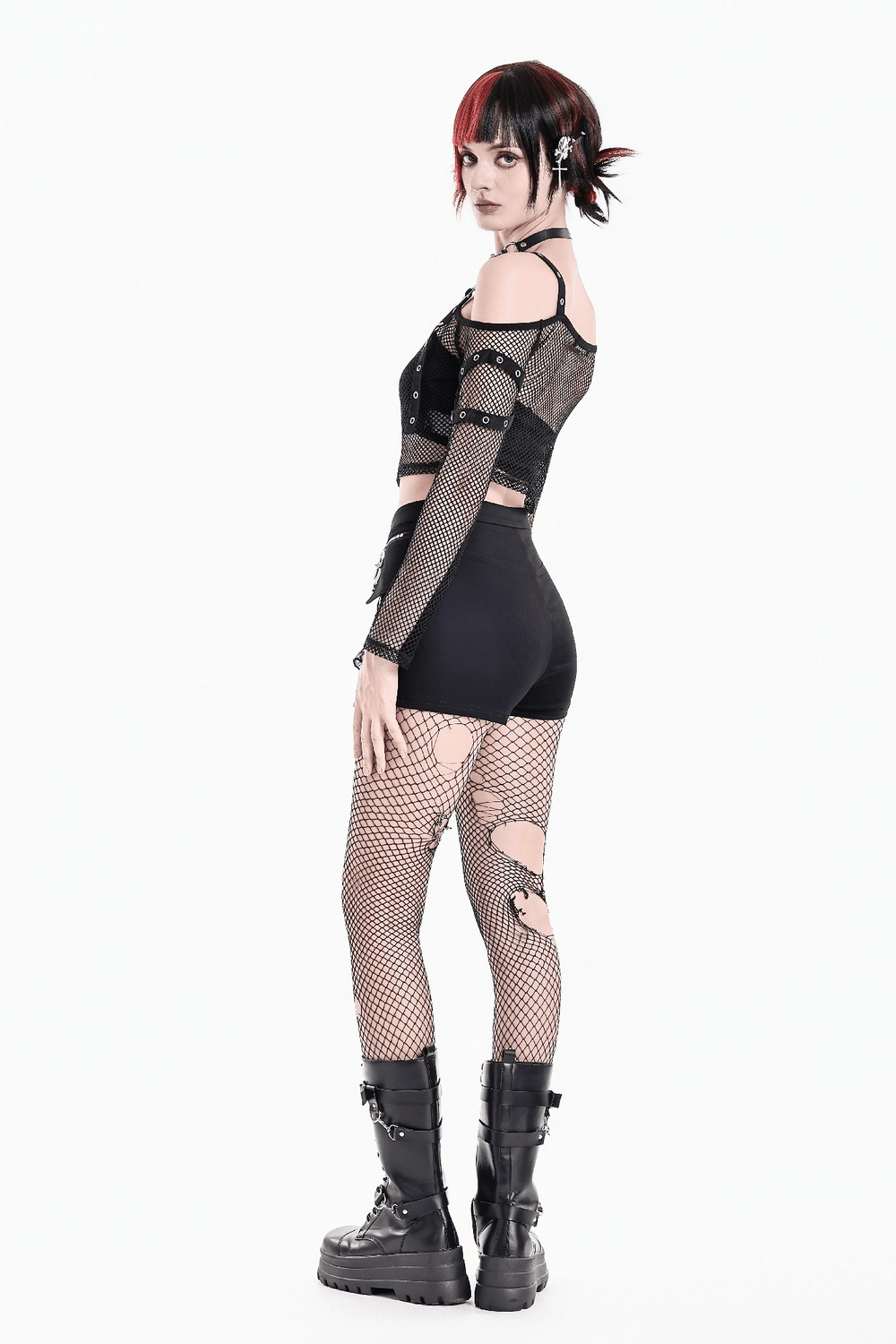 Bold Women's Fishnet Crop Top with Studded Strap Details black gothic mesh off-shoulder punk long sleeve top