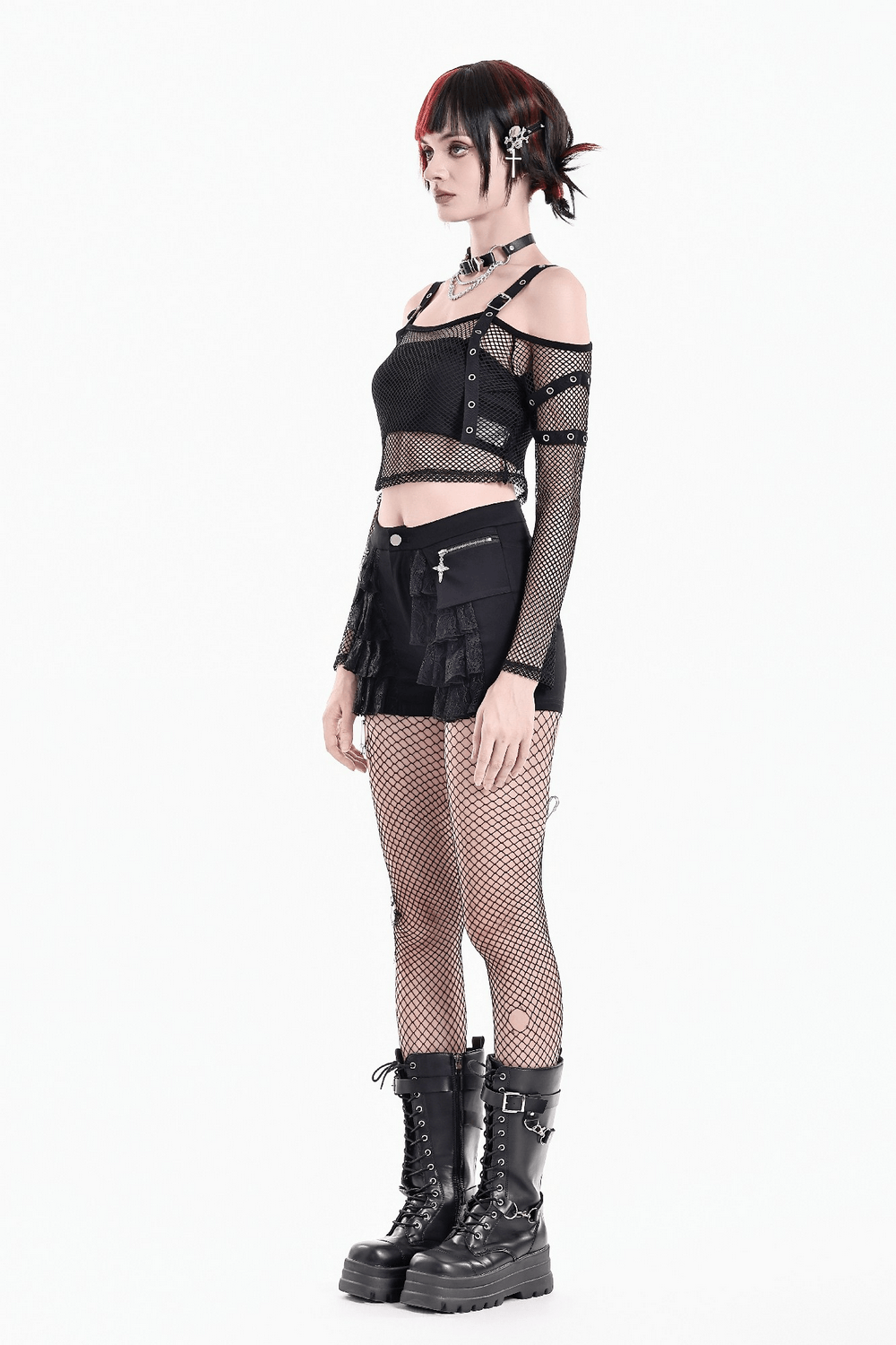 Bold Women's Fishnet Crop Top with Studded Strap Details, black gothic mesh crop top with punk buckle harness vibe