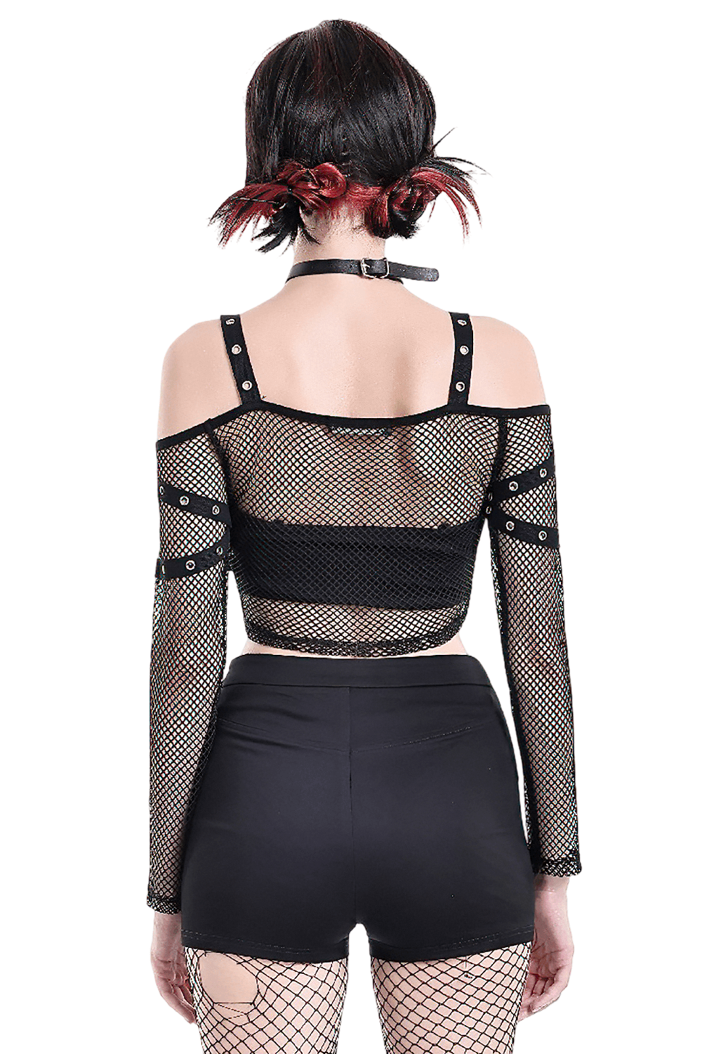 Bold Women's Fishnet Crop Top with Studded Strap Details black punk mesh long sleeve top with buckled harness straps, off-shoulder gothic style