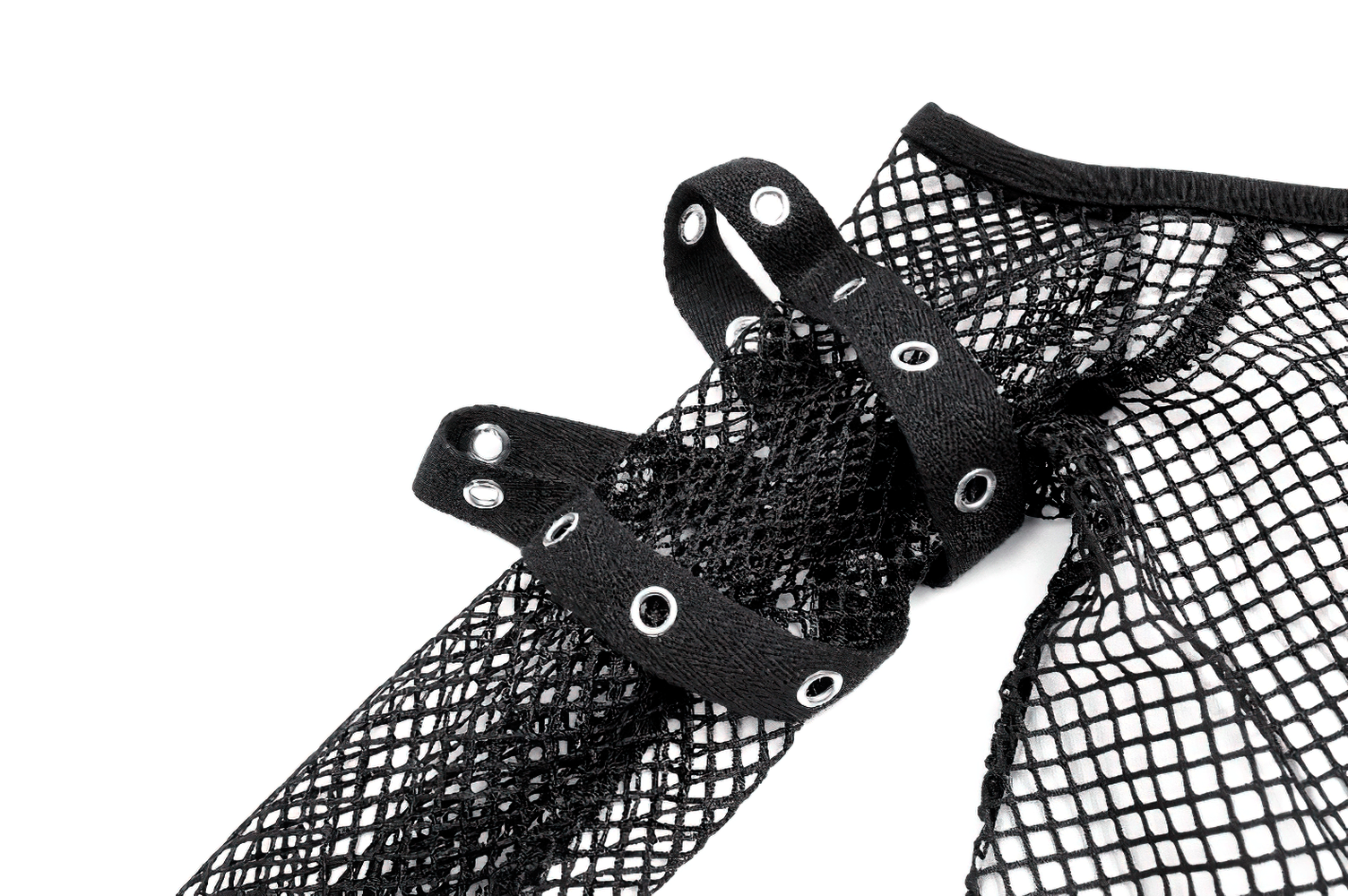 Bold Women's Fishnet Crop Top with Studded Strap Details black punk mesh long sleeve with buckled harness straps