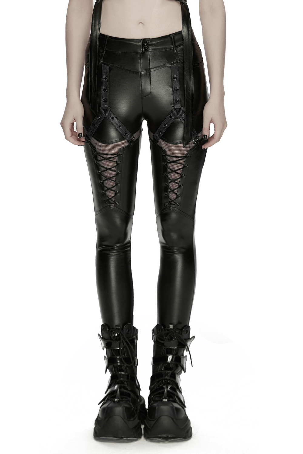 Bold Women's Leggings with Metal Detailing and Pockets showcasing edgy design and functional pockets.