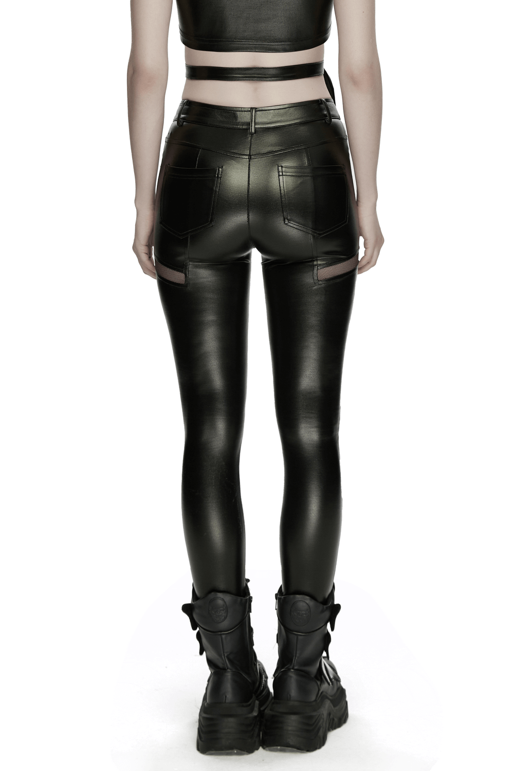 Bold Women's Leggings with Metal Detailing and Pockets showcasing sleek black design and functional pockets.