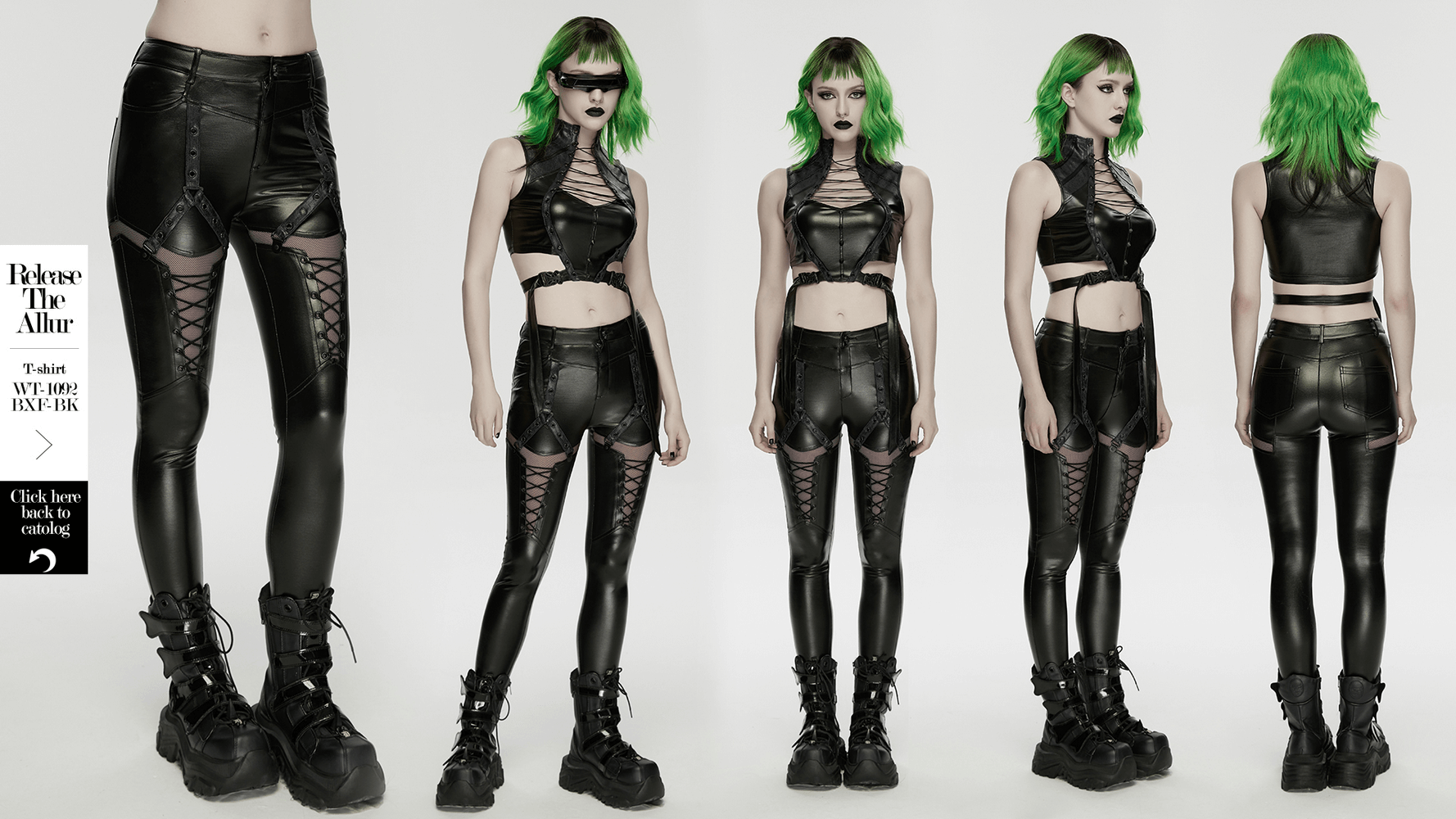 Bold Women's Leggings with Metal Detailing and Pockets showcased in a cyberpunk style with lace-up accents.