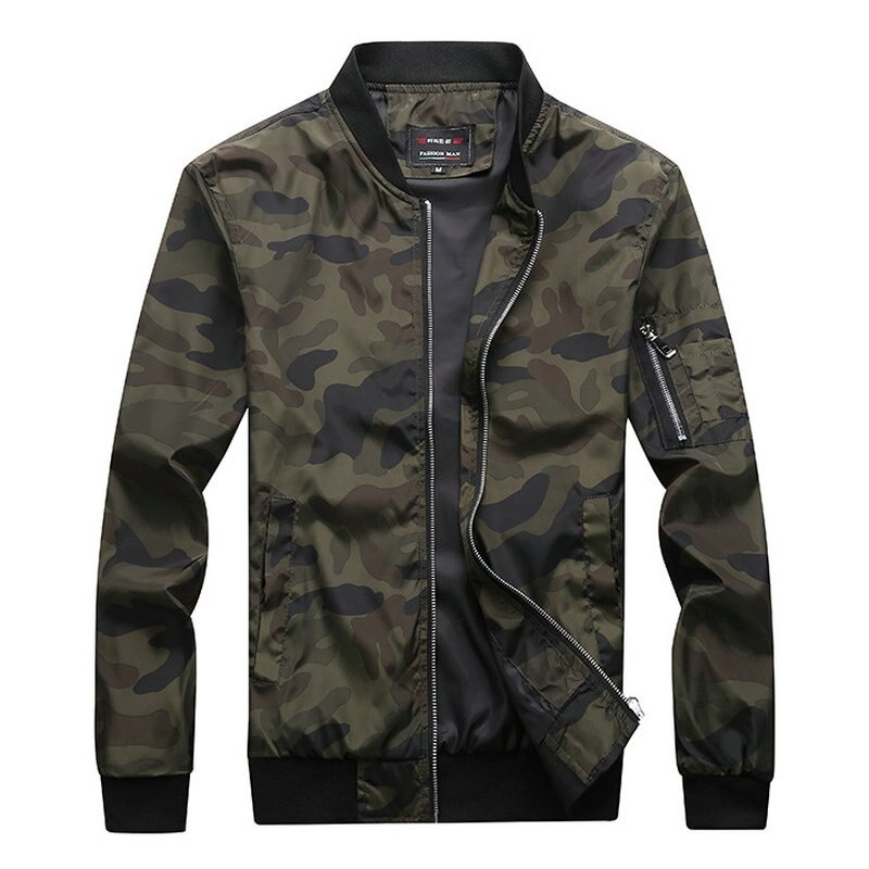 Stylish camouflage bomber men's jacket with pockets and zipper closure for trendy fashion.