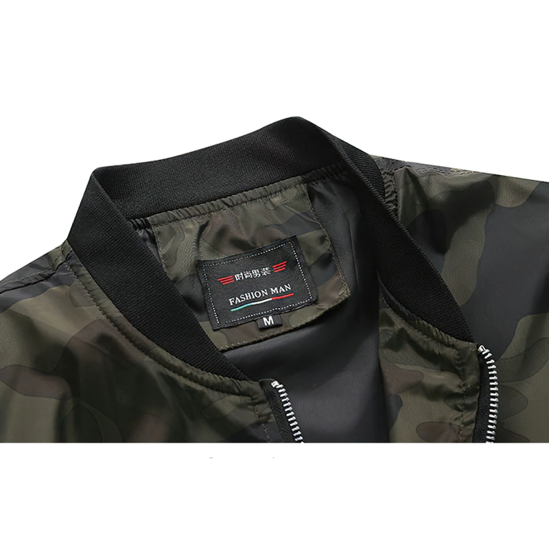 Inside view of a camouflage bomber men's jacket with a zipper and label, perfect for trendy fashion styling.