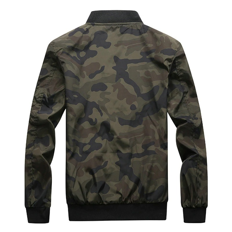 Back view of a camouflage bomber men's jacket with pockets and zipper closure, blending trendy style with practicality.