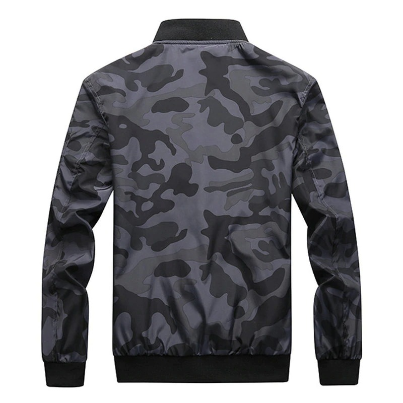 Men's camouflage bomber jacket with zipper and pockets, stylish and practical for casual wear.
