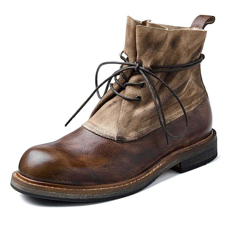 Stylish brown vintage leather lace-up boots for men, featuring a comfortable design and casual look.