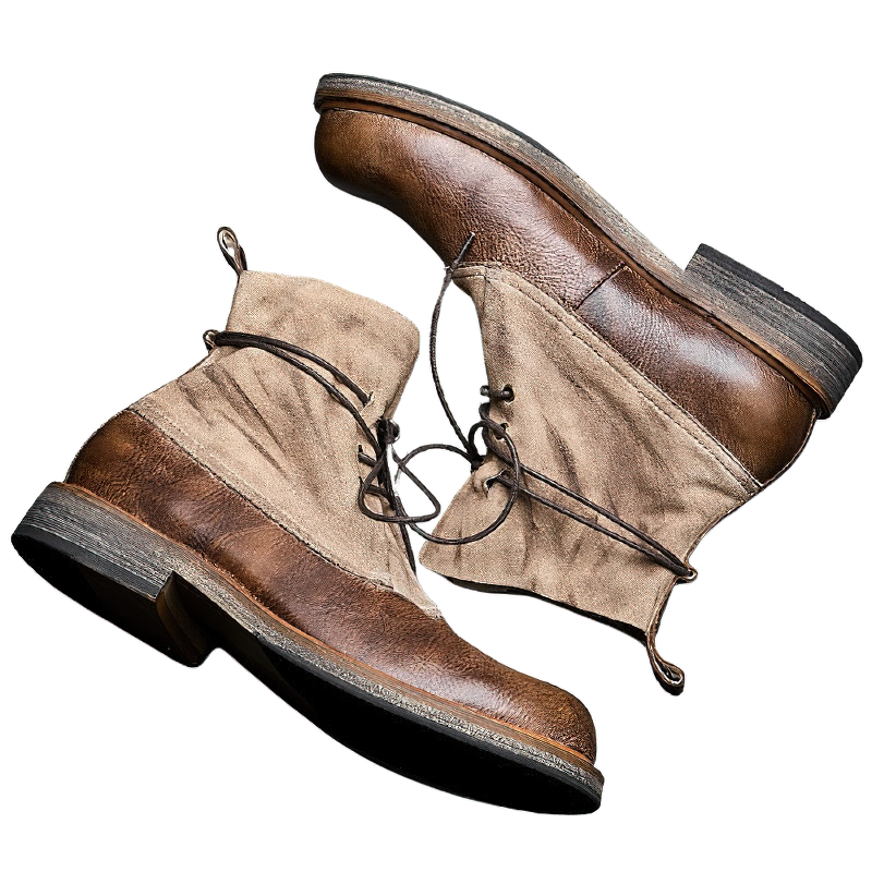 Vintage-style men's lace-up boots made of genuine leather and suede, featuring a comfortable design for casual wear.