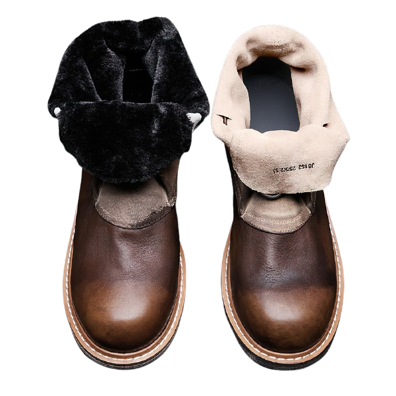 Stylish men's leather boots with fur collar, featuring vintage design and lace-up for casual warmth.