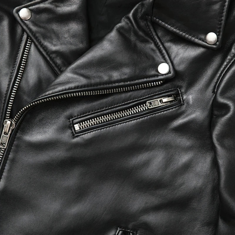 Close-up of a black leather biker jacket showcasing its sleek design and metal zipper features.