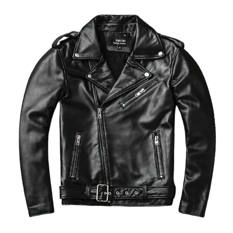 Men's classic genuine leather biker jacket in sleek black with adjustable belt and metal buttons.