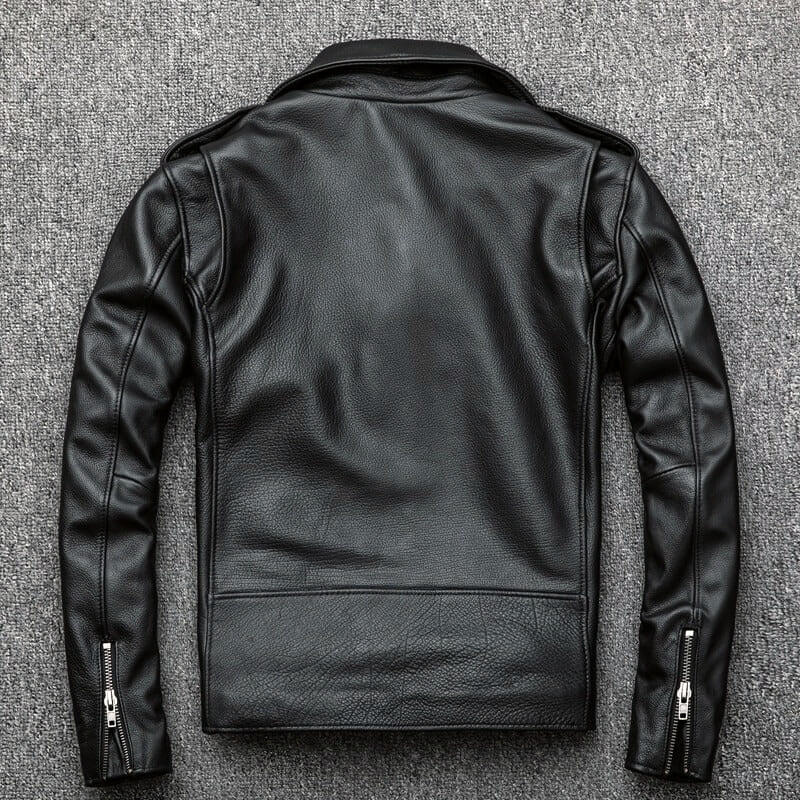 Back view of a classic men's black genuine leather biker jacket with slim fit design and zippered sleeves.