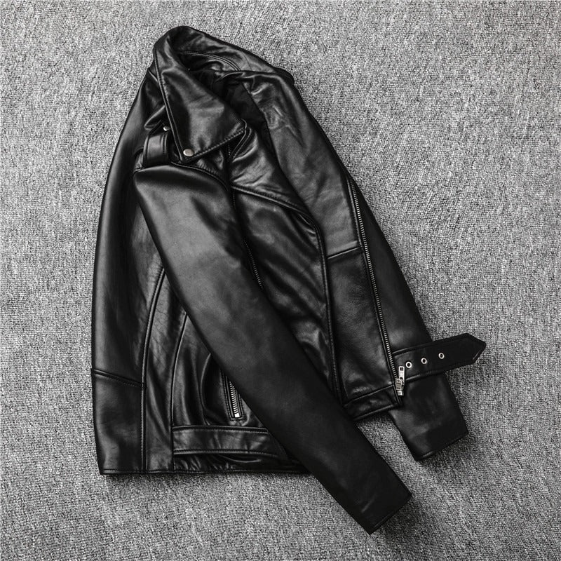 Stylish men's black genuine leather biker jacket featuring slim fit and removable belt.