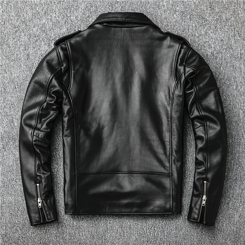 Back view of a men's genuine leather biker jacket in black, featuring a slim fit and stylish metal zippers.