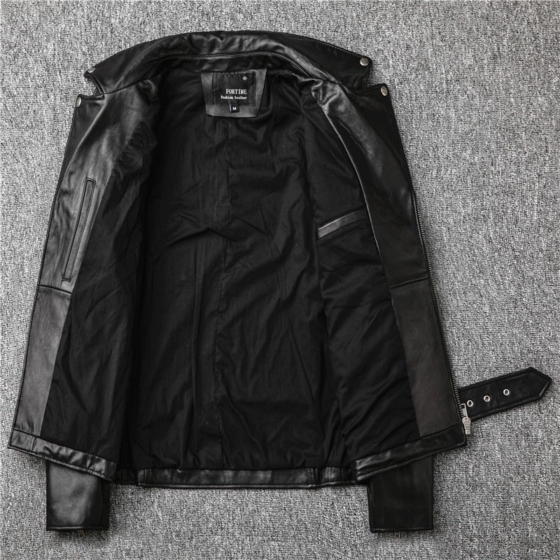 Interior view of a Men's Genuine Leather Biker Jacket showcasing its sleek black lining and removable belt.