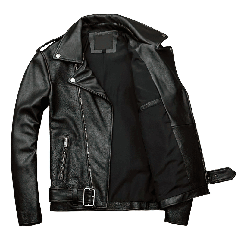Men's Genuine Leather Biker Jacket, classic slim fit with adjustable belt, ideal for rock enthusiasts.