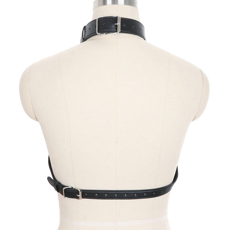Back view of a faux leather breast bondage harness belt with collar, showcasing adjustable straps and edgy design.
