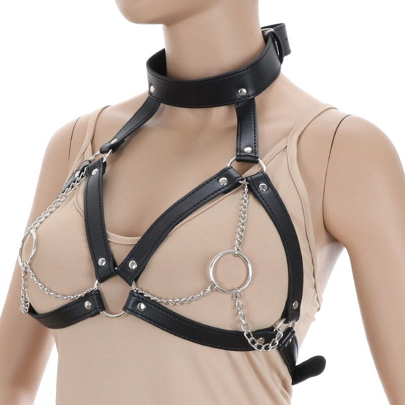 Faux leather breast bondage harness with chains and rings, gothic style collar bra accessory on mannequin, universal size.