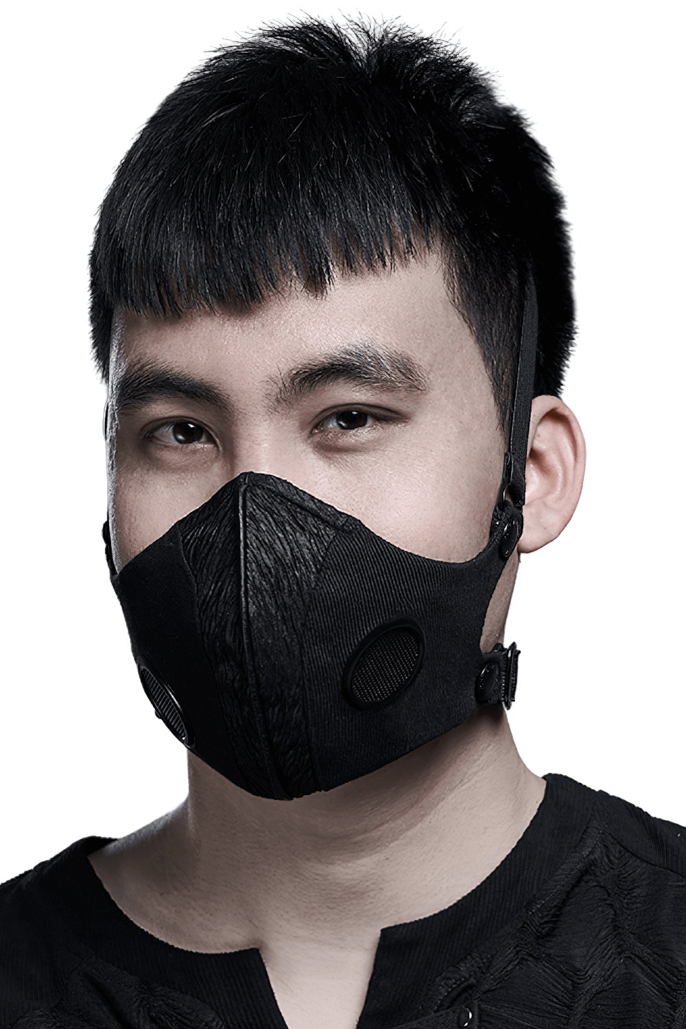 Breathable black punk mask with adjustable buckle and mesh lining for comfort and style.