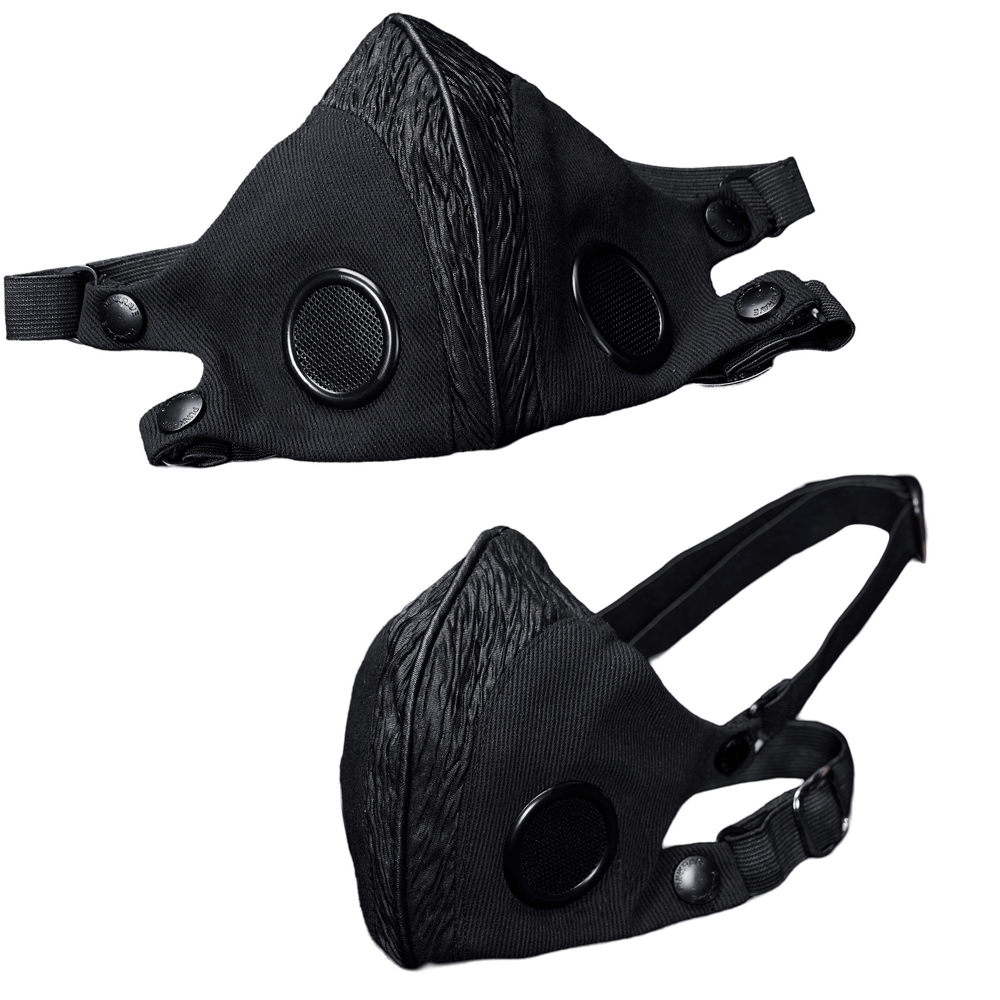 Breathable black punk mask featuring adjustable buckle and mesh lining for optimal comfort and style.