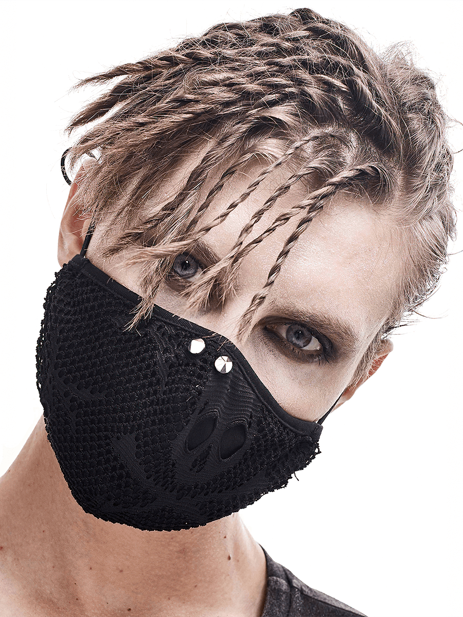 Fashionable unisex black skull print mesh mask, perfect gothic accessory with adjustable elastic cord.