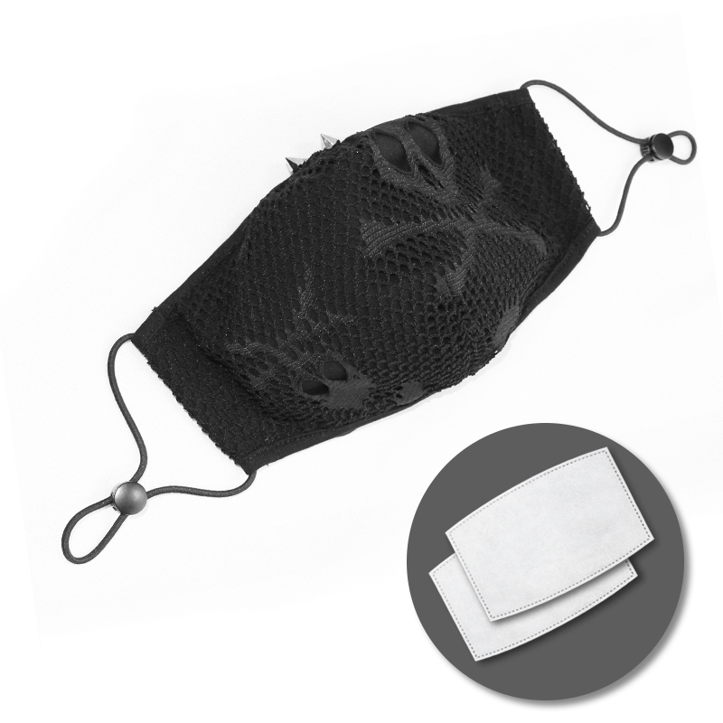 Gothic black breathable mesh mask with skull print and adjustable elastic cord, stylish unisex accessory.