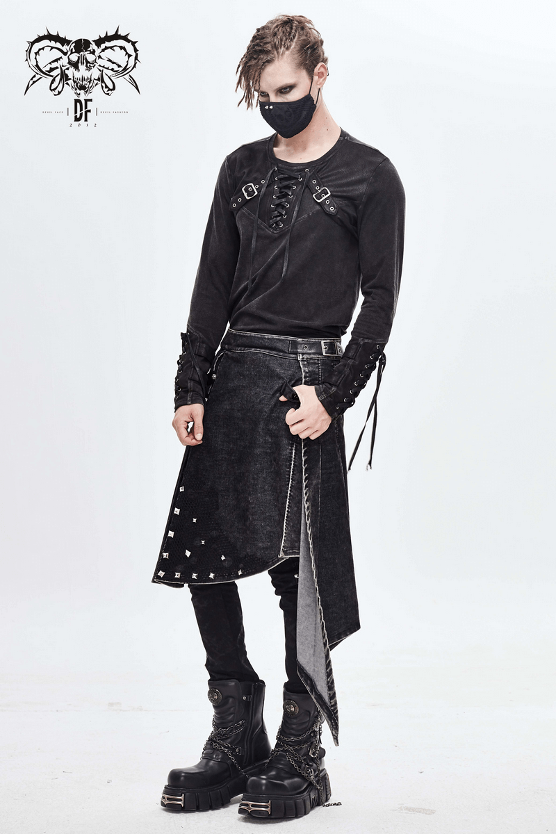 Gothic black outfit featuring a breathable skull print mask and edgy fashion details for a stylish look.