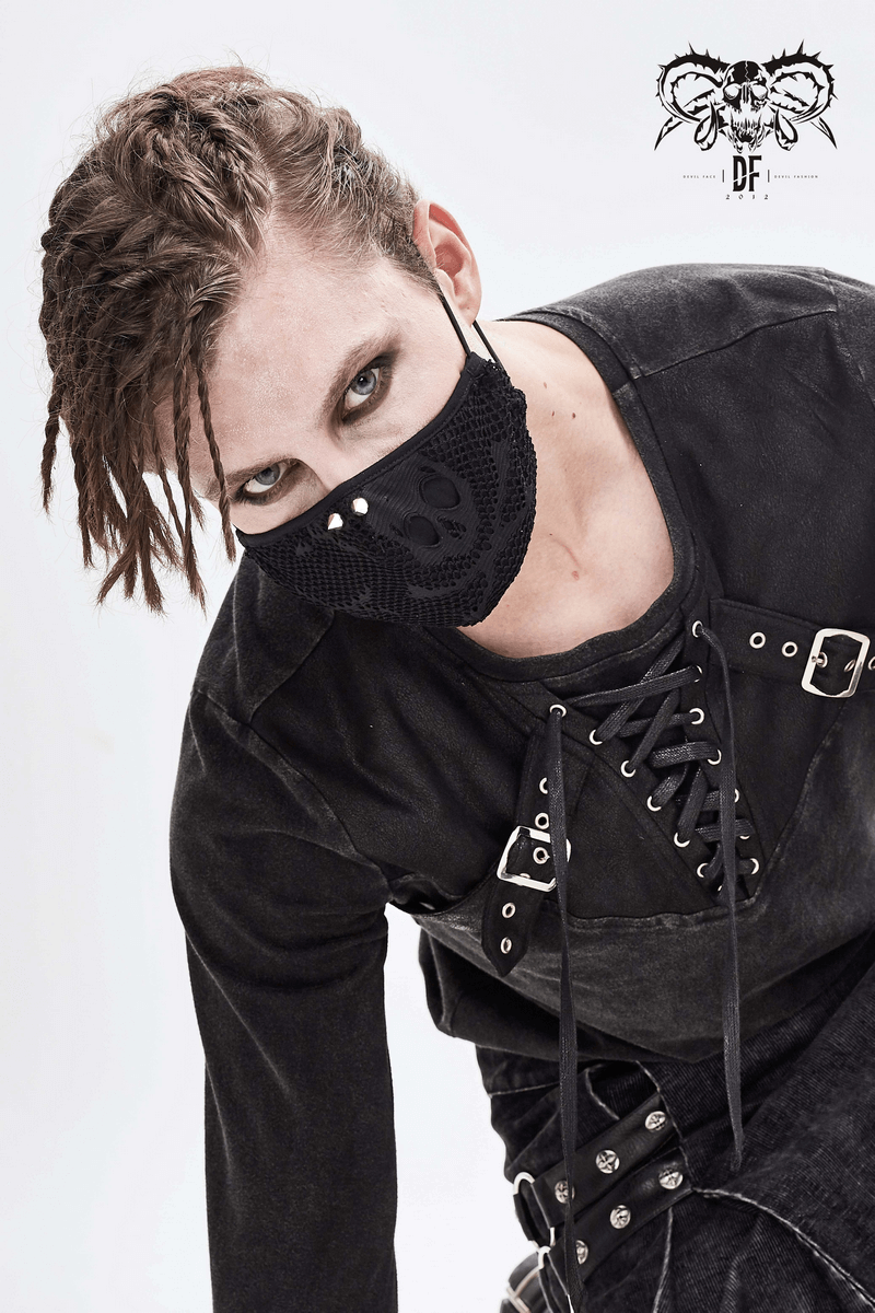 Unisex black gothic mask with skull print, paired with stylish lace-up top, perfect for edgy fashion enthusiasts.