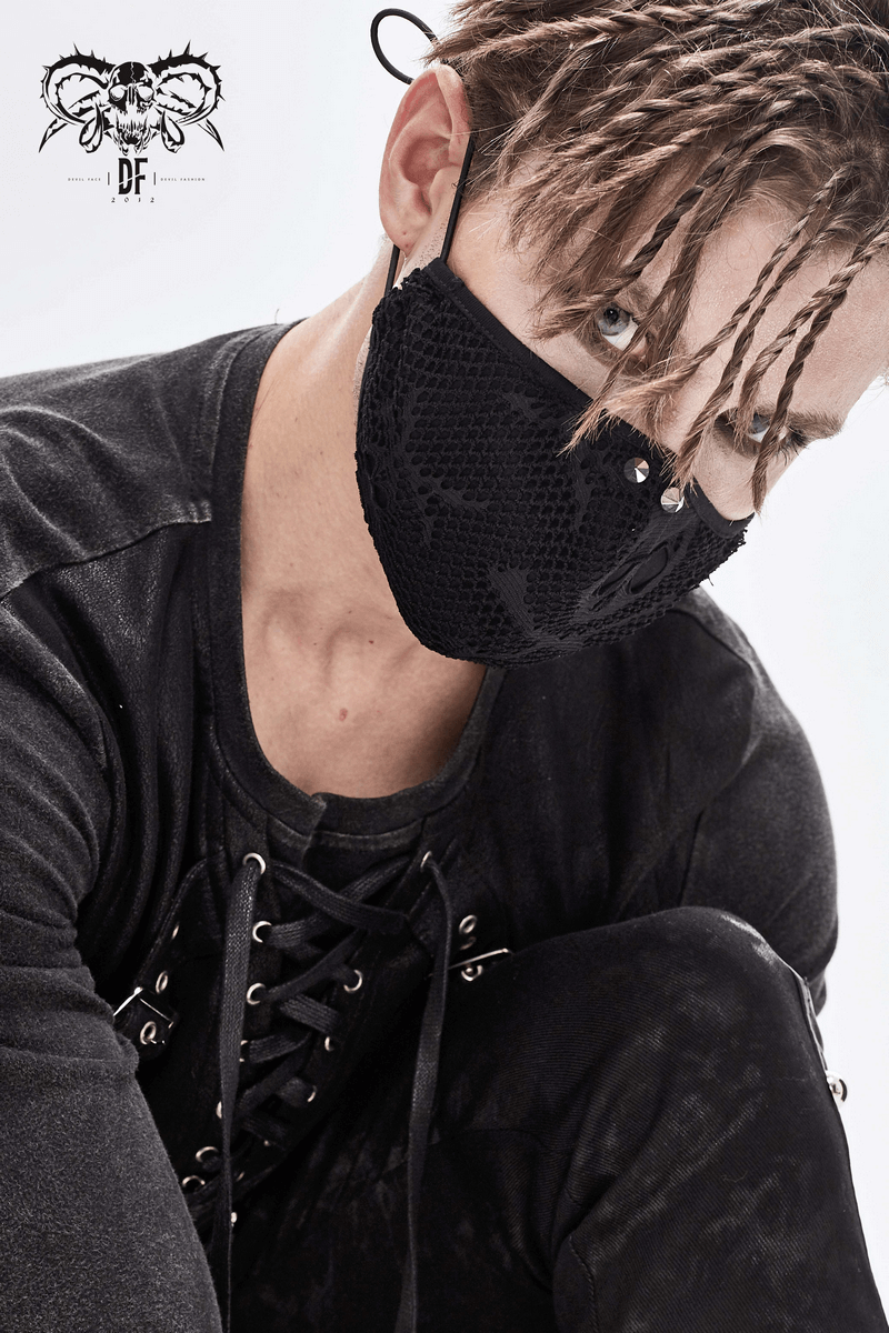 Gothic unisex black breathable mesh mask with skull print, worn by model in stylish edgy outfit.
