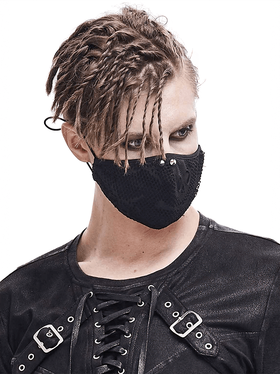 Unisex breathable black skull mesh mask paired with gothic fashion attire for a stylish look.